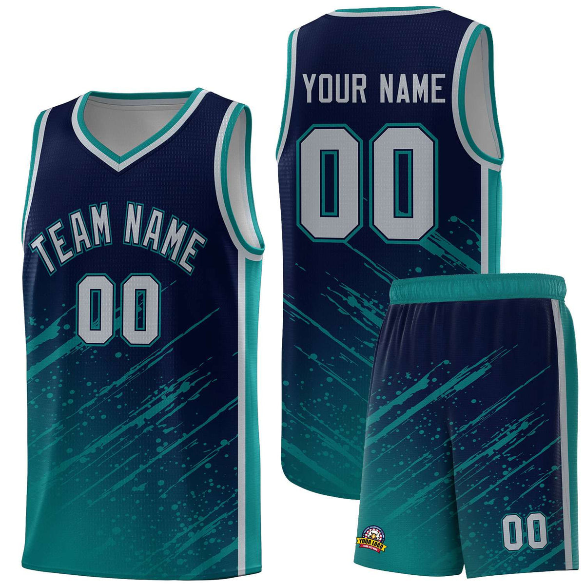 Custom Navy Basketball Kits With Aqua Paint Graffiti