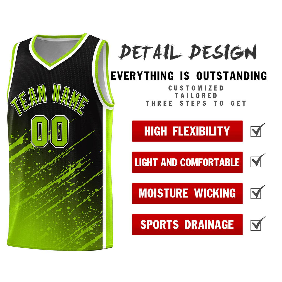 Custom Black Basketball Kits With Neon Green Paint Graffiti
