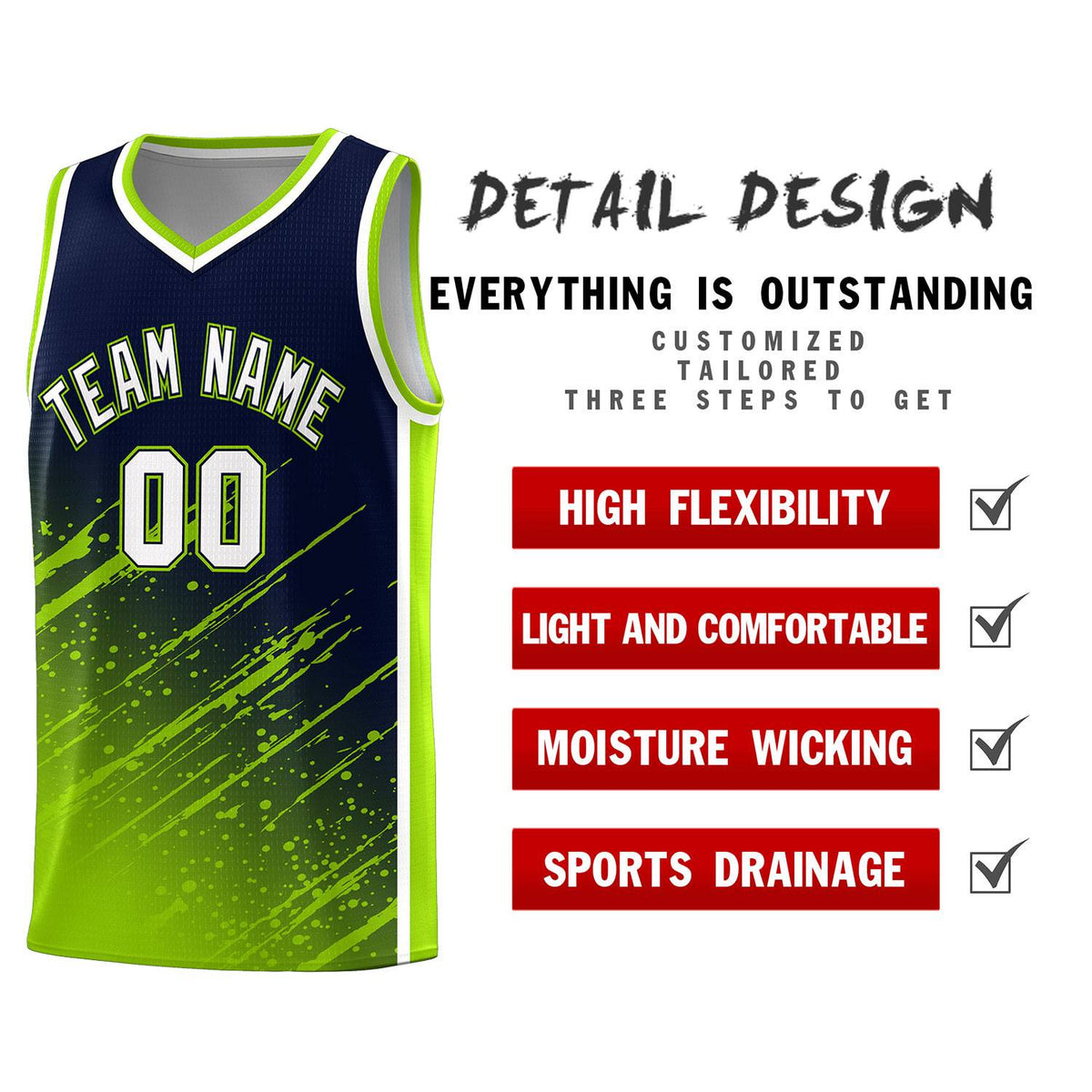 Custom Navy Basketball Kits With Neon Green Paint Graffiti