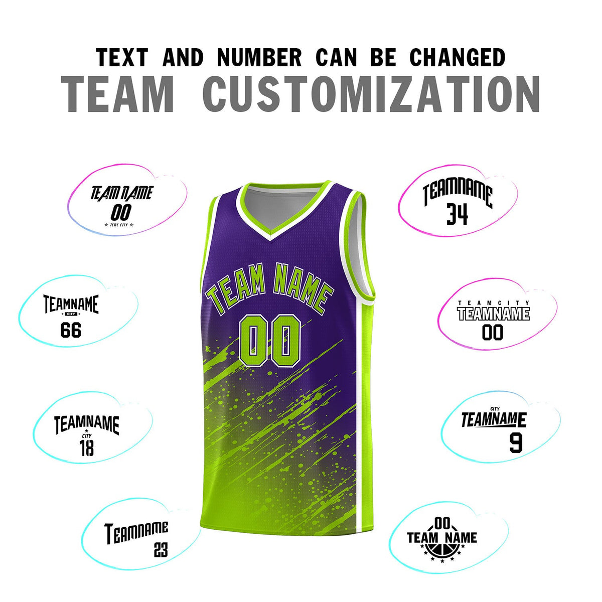 Custom Purple Basketball Kits With Neon Green Paint Graffiti