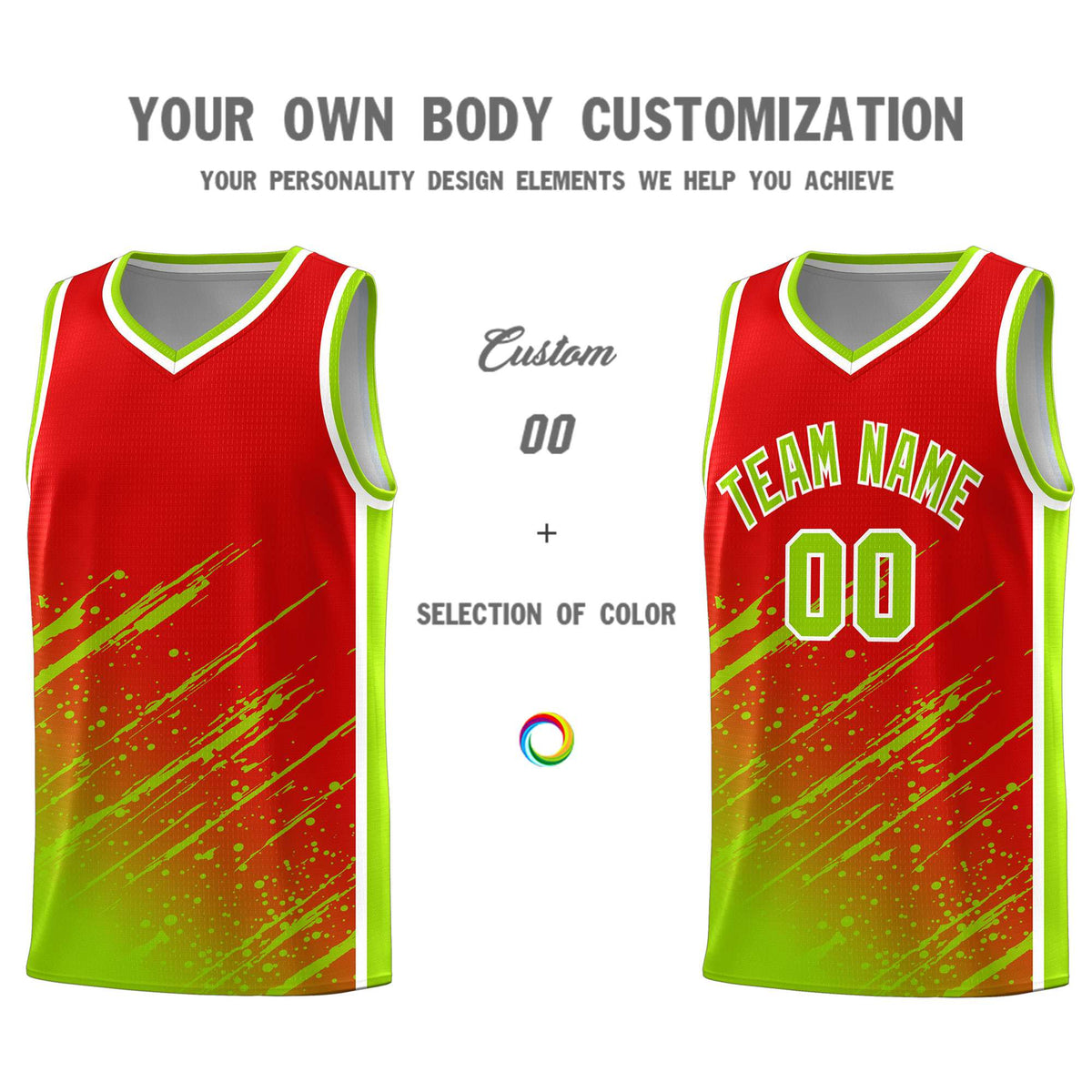 Custom Red Basketball Kits With Neon Green Paint Graffiti