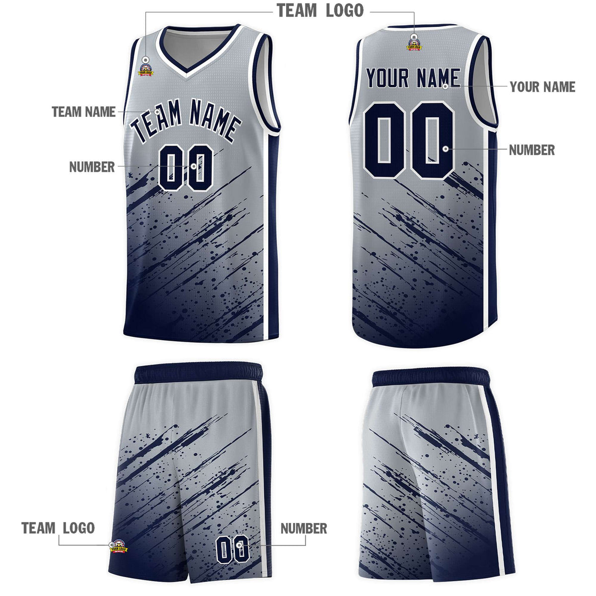 Custom Gray Basketball Kits With Navy Paint Graffiti