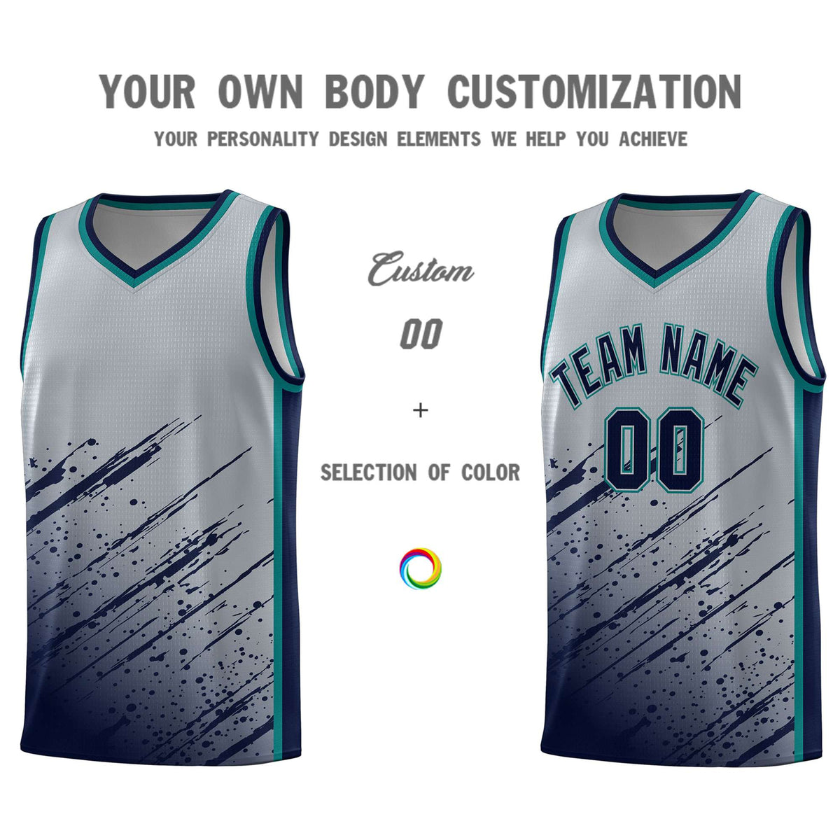 Custom Gray Basketball Kits With Navy Paint Graffiti