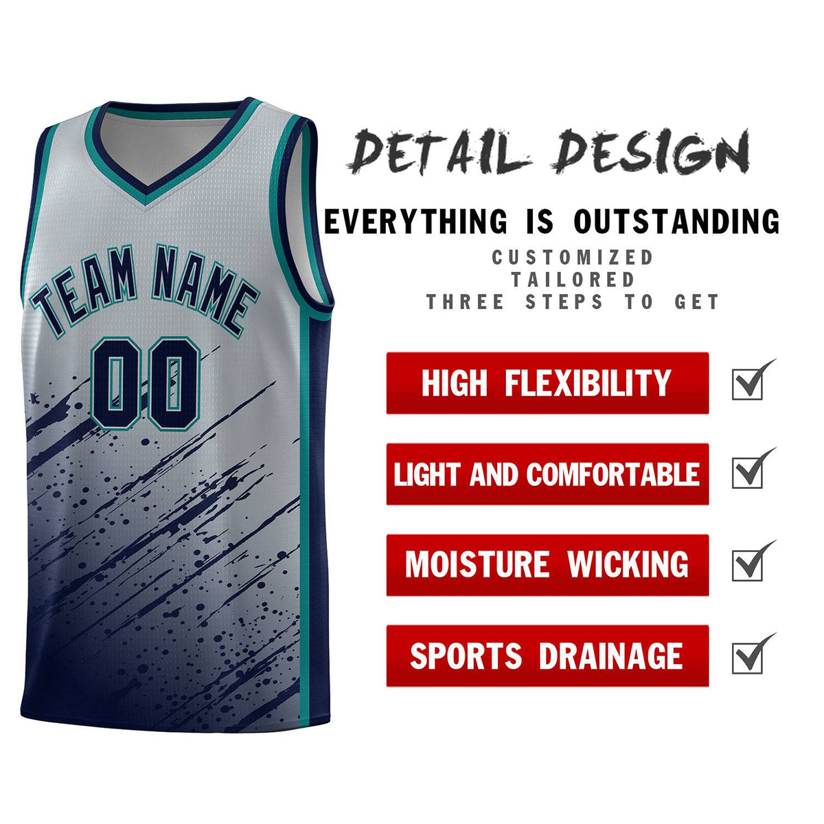 Custom Gray Basketball Kits With Navy Paint Graffiti
