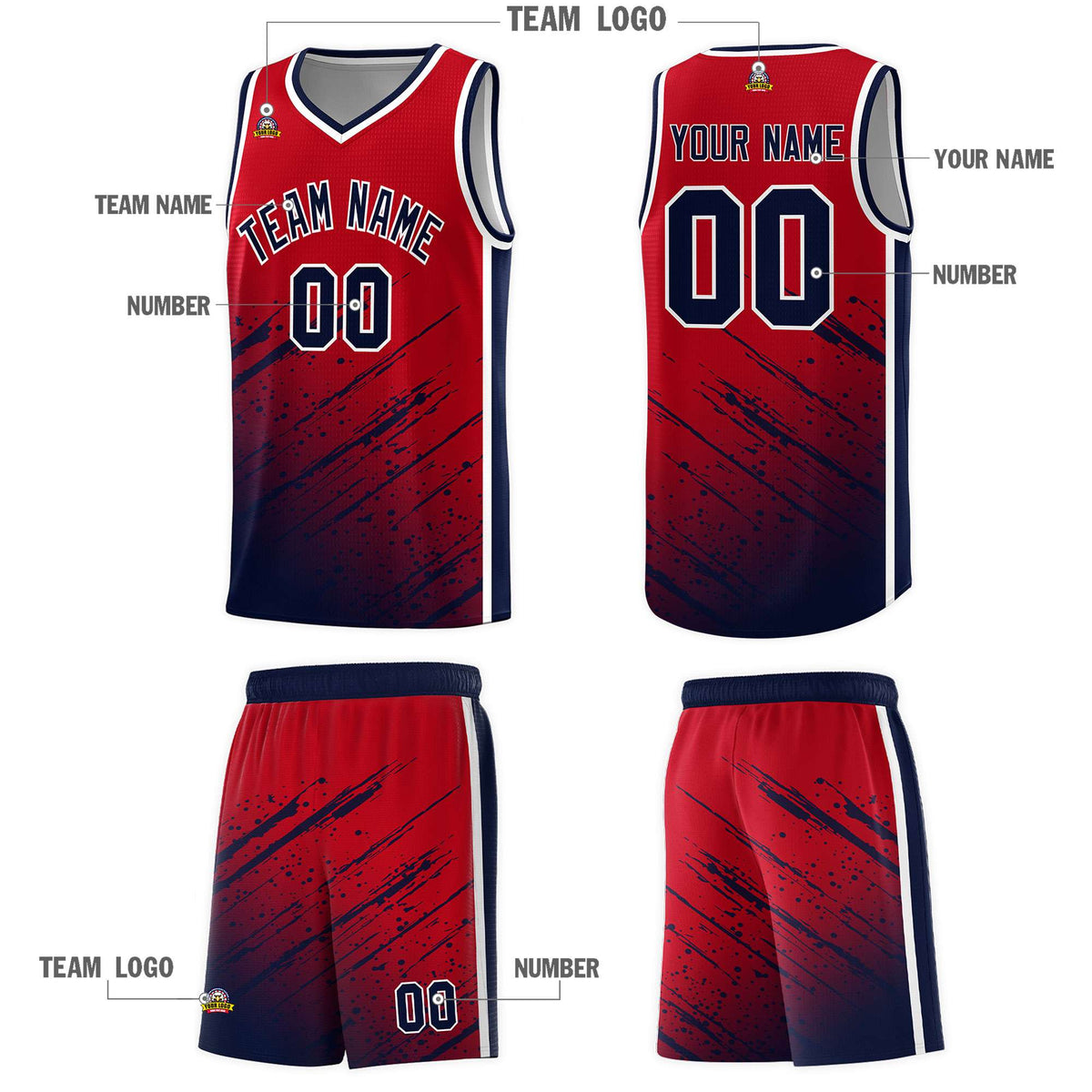 Custom Red Basketball Kits With Navy Paint Graffiti