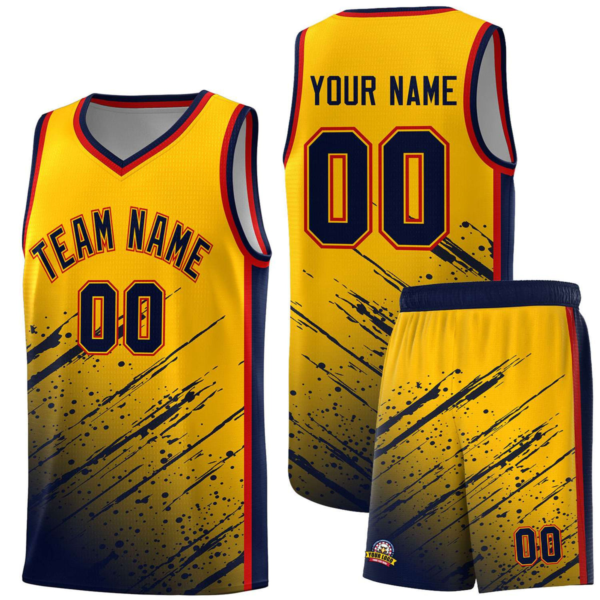 Custom Yellow Basketball Kits With Navy Paint Graffiti