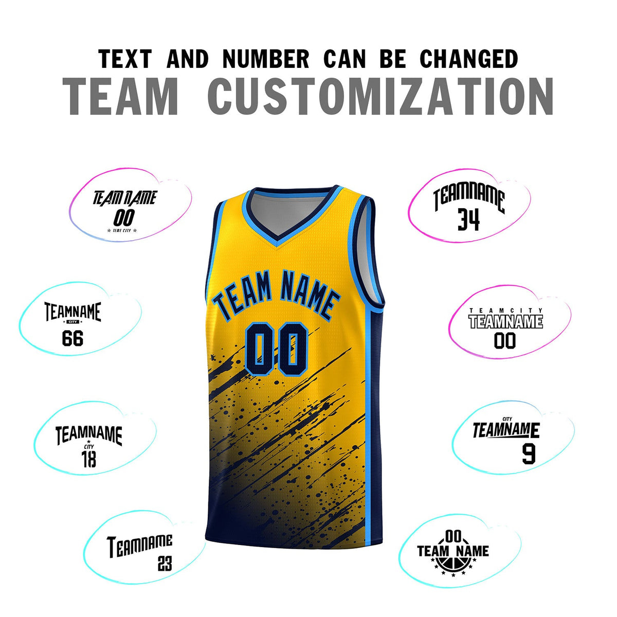Custom Yellow Basketball Kits With Navy Paint Graffiti