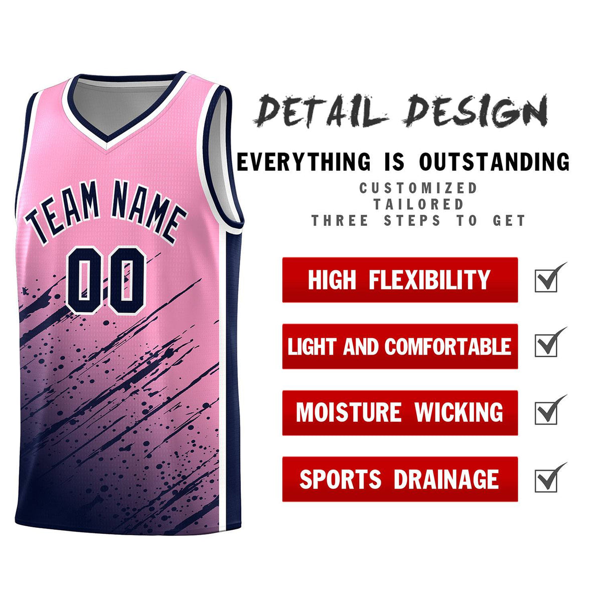 Custom Light Pink Basketball Kits With Navy Paint Graffiti