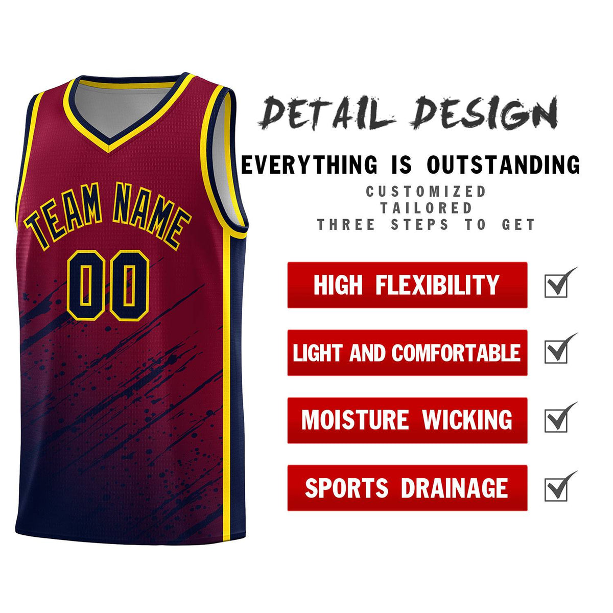 Custom Crimson Basketball Kits With Navy Paint Graffiti