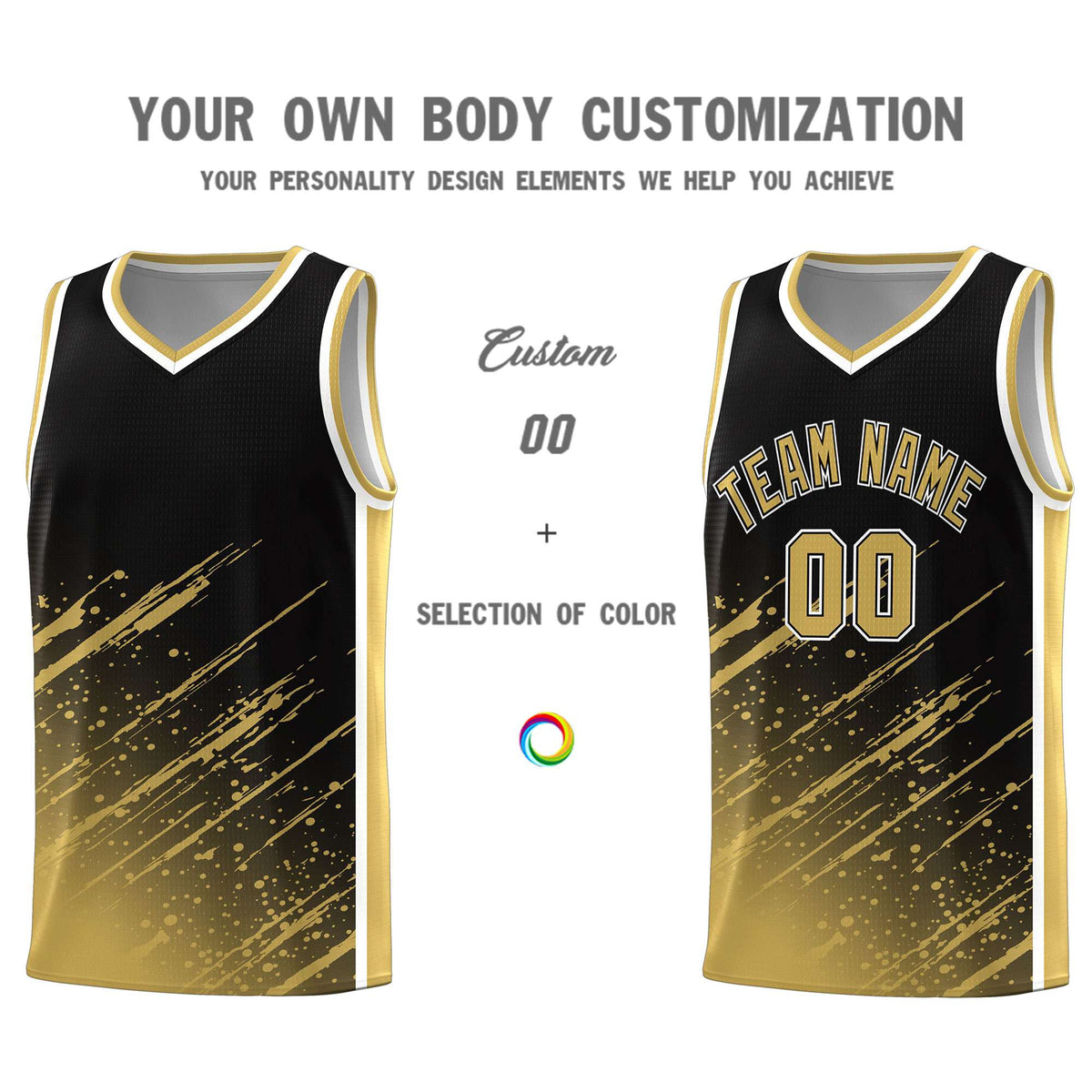 Custom Black Basketball Kits With Old Gold Paint Graffiti