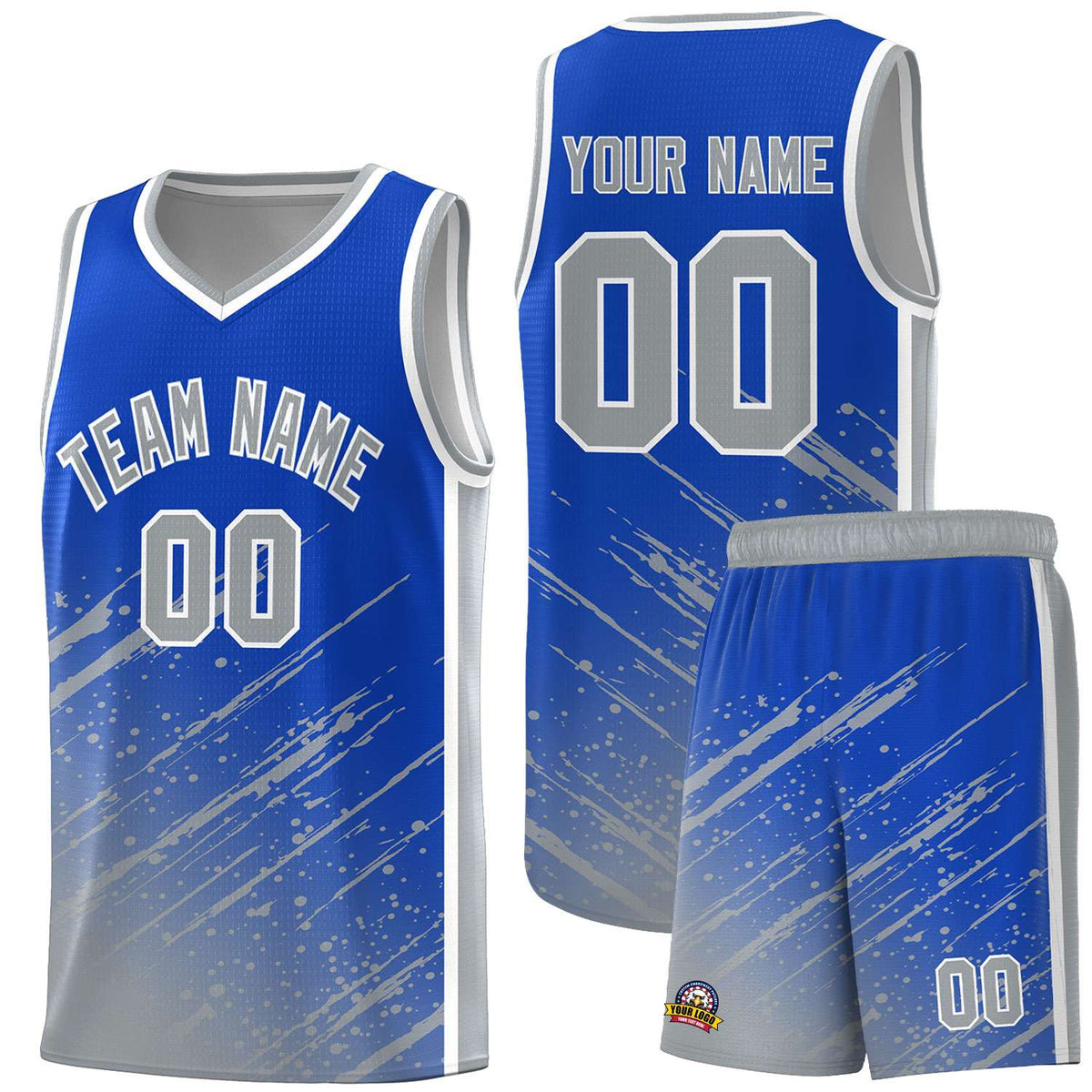 Custom Royal Basketball Kits With Gray Paint Graffiti