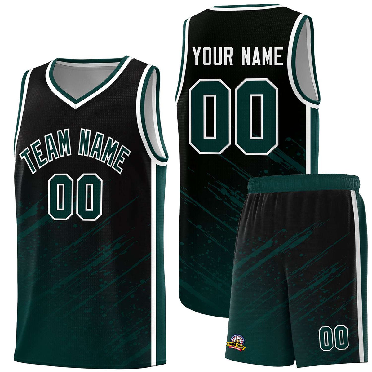 Custom Black Basketball Kits With Midnight Green Paint Graffiti