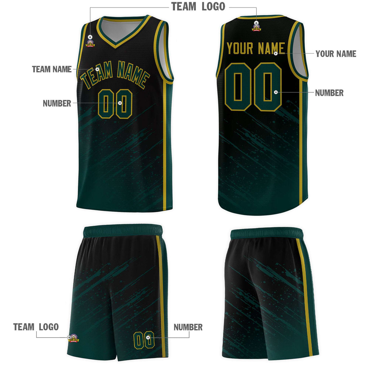 Custom Black Basketball Kits With Midnight Green Paint Graffiti