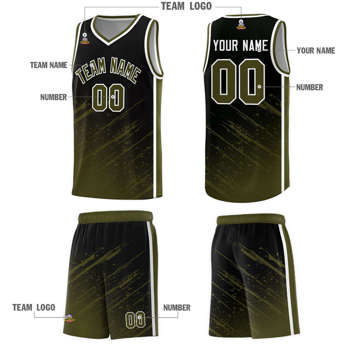 Custom Black Basketball Kits With Olive Paint Graffiti