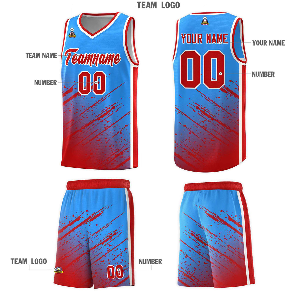 Custom Powder Blue Basketball Kits With Red Paint Graffiti
