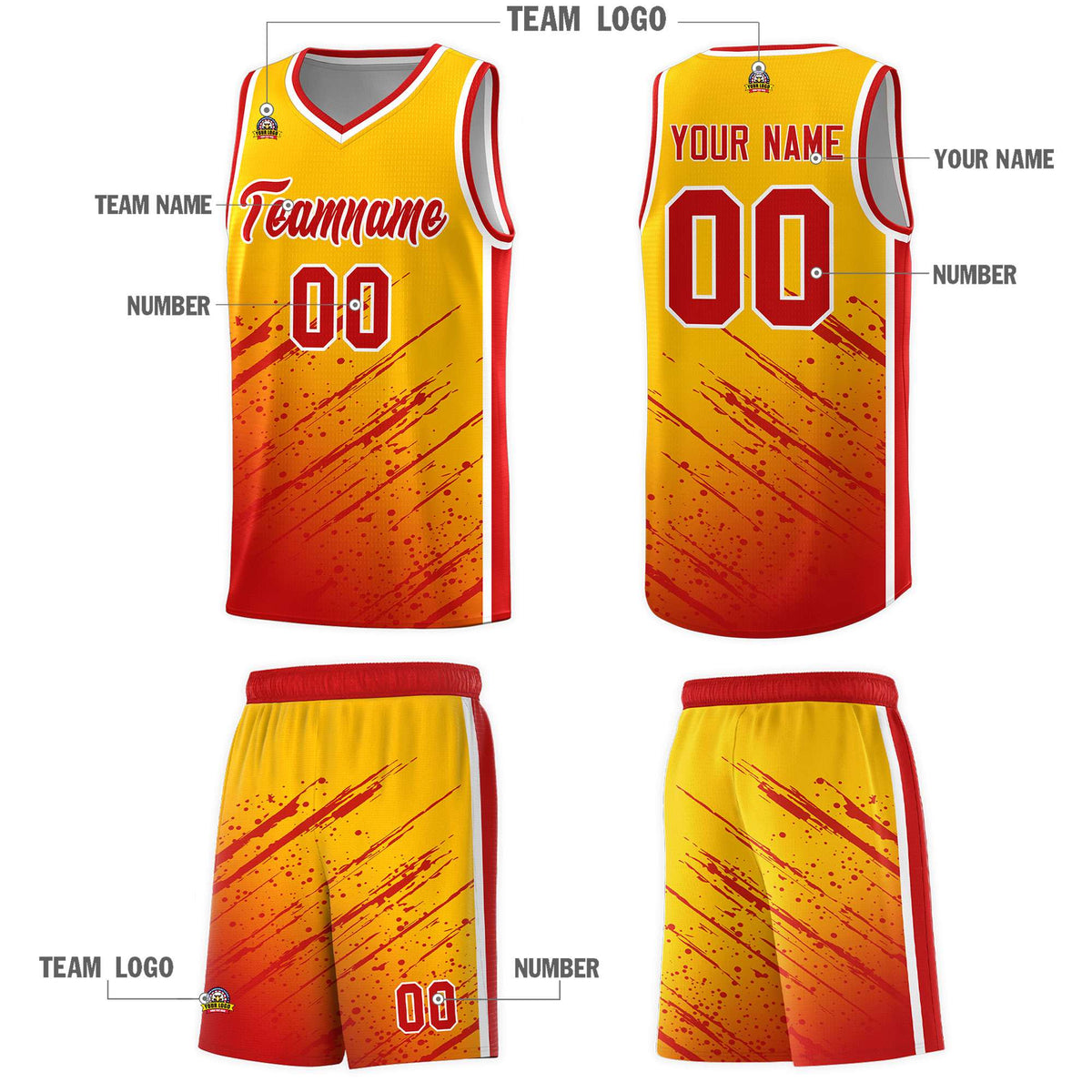 Custom Yellow Basketball Kits With Red Paint Graffiti