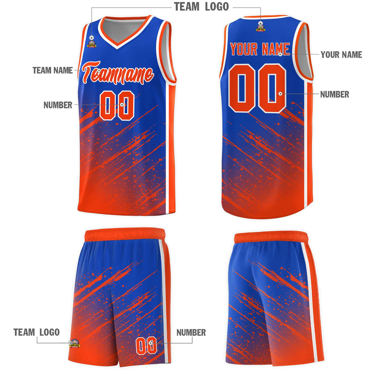 Custom Royal Basketball Kits With Orange Paint Graffiti