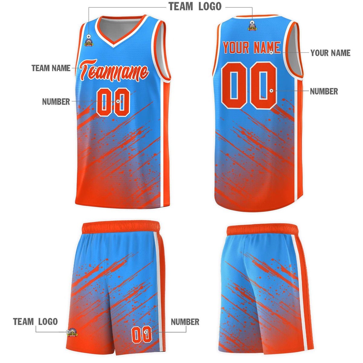 Custom Powder Blue Basketball Kits With Orange Paint Graffiti