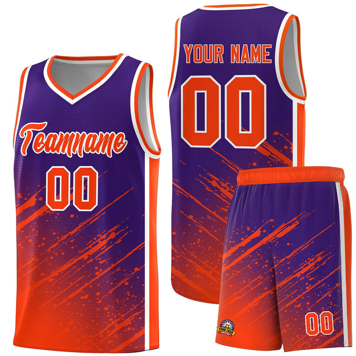 Custom Purple Basketball Kits With Orange Paint Graffiti