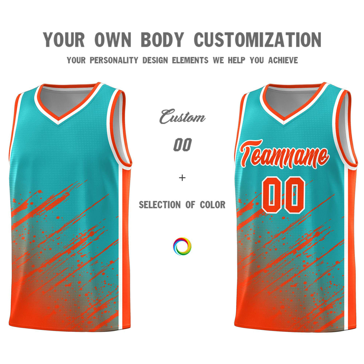Custom Aqua Basketball Kits With Orange Paint Graffiti