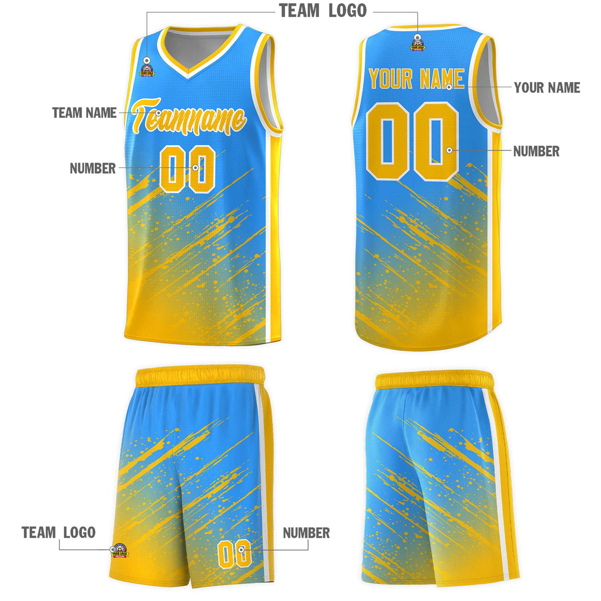 Custom Powder Blue Basketball Kits With Yellow Paint Graffiti