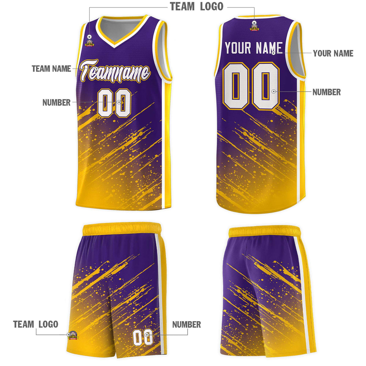 Custom Purple Basketball Kits With Yellow Paint Graffiti