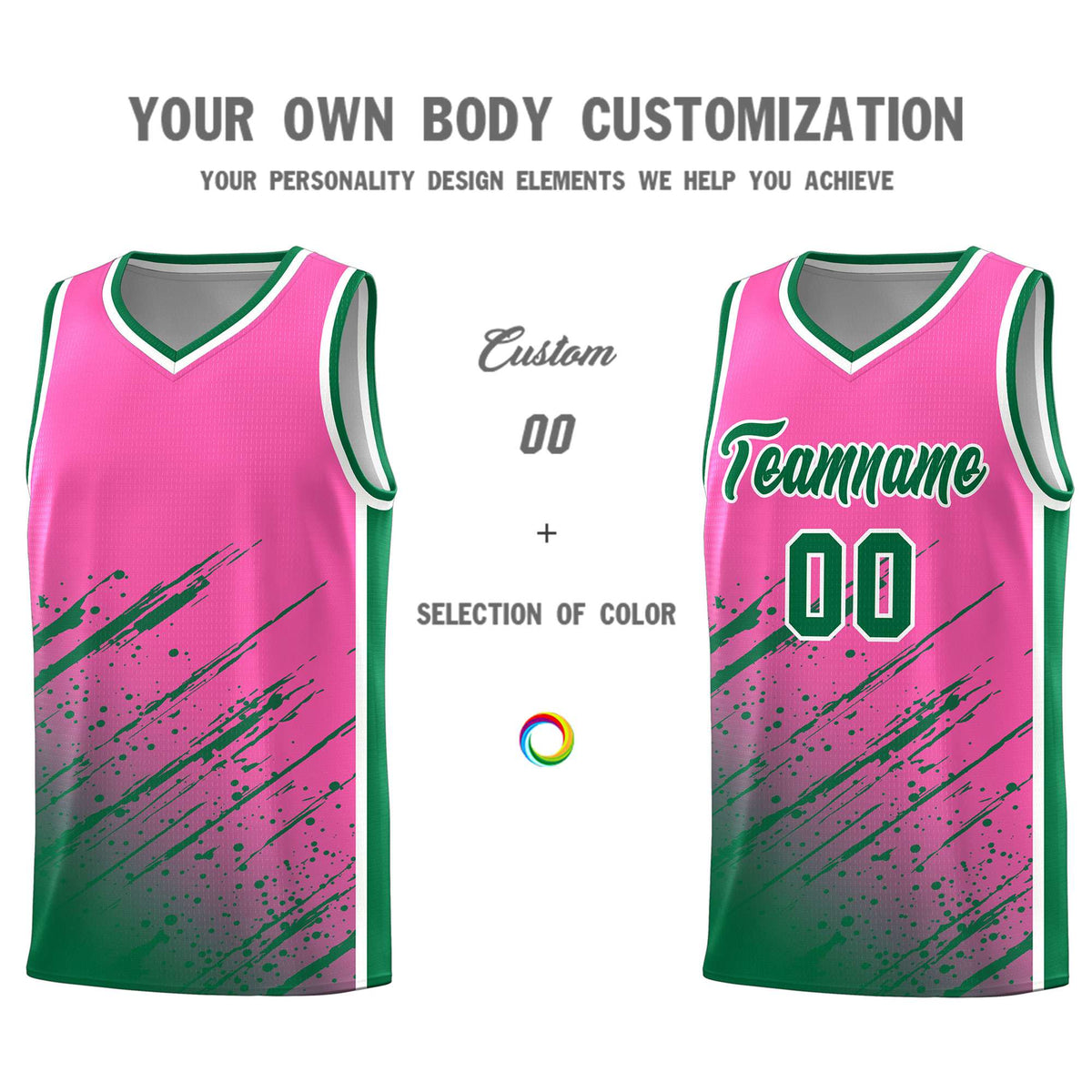 Custom Pink Basketball Kits With Kelly Green Paint Graffiti