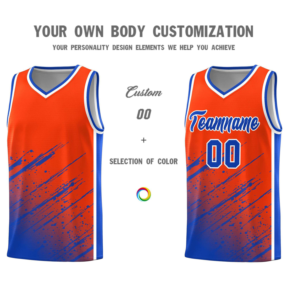 Custom Orange Basketball Kits With Royal Paint Graffiti