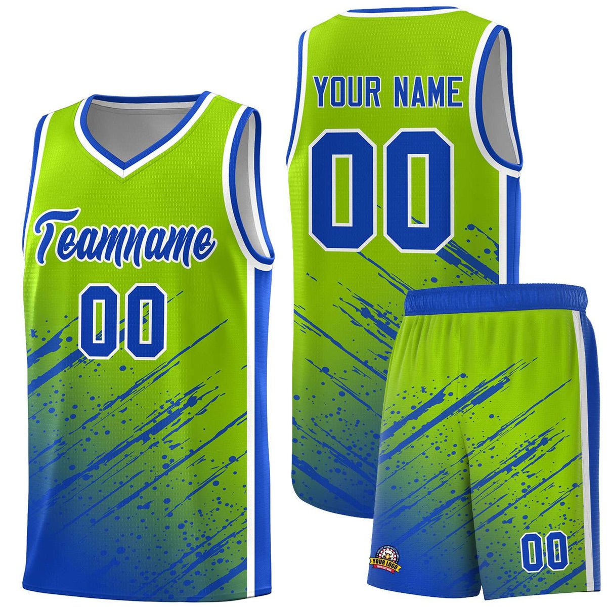 Custom Neon Green Basketball Kits With Royal Paint Graffiti