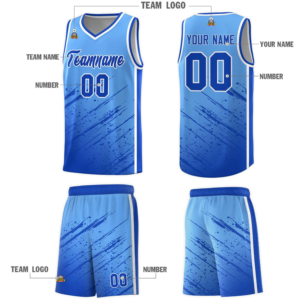 Custom Powder Blue Basketball Kits With Royal Paint Graffiti