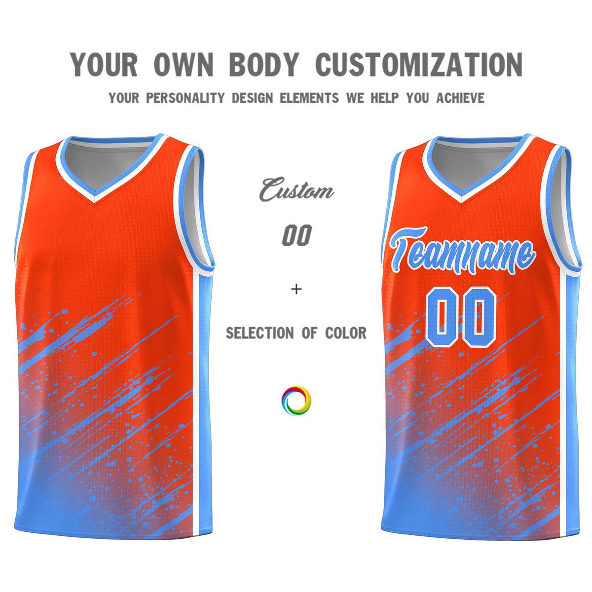 Custom Orange Basketball Kits With Powder Blue Paint Graffiti