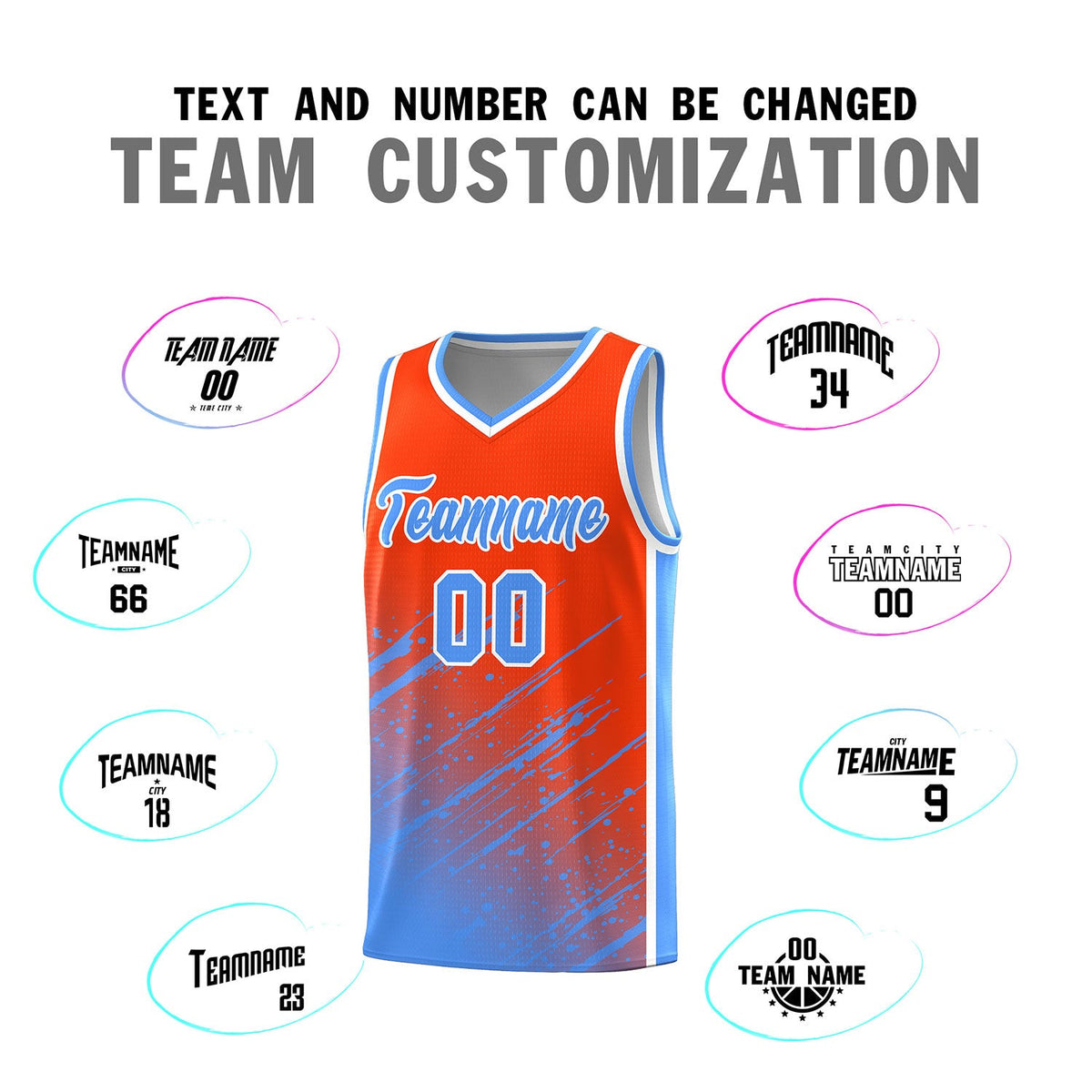 Custom Orange Basketball Kits With Powder Blue Paint Graffiti