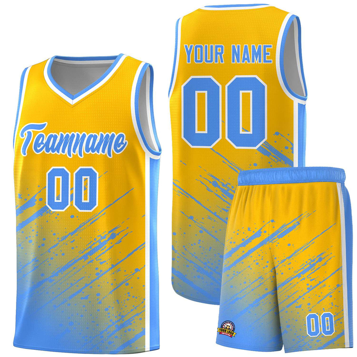 Custom Yellow Basketball Kits With Powder Blue Paint Graffiti