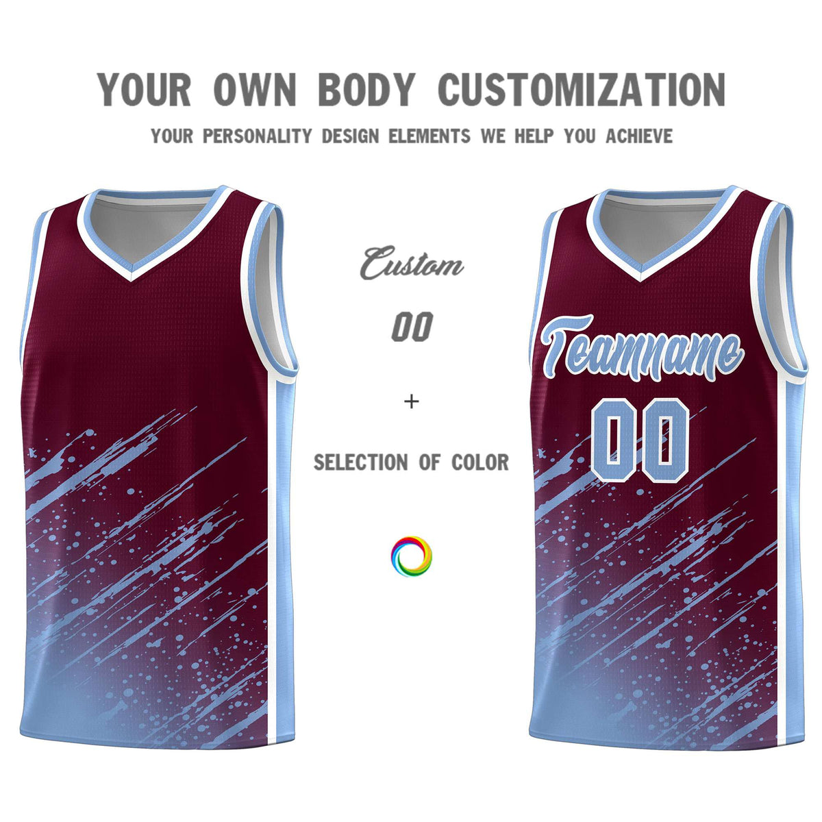 Custom Crimson Basketball Kits With Light Blue Paint Graffiti