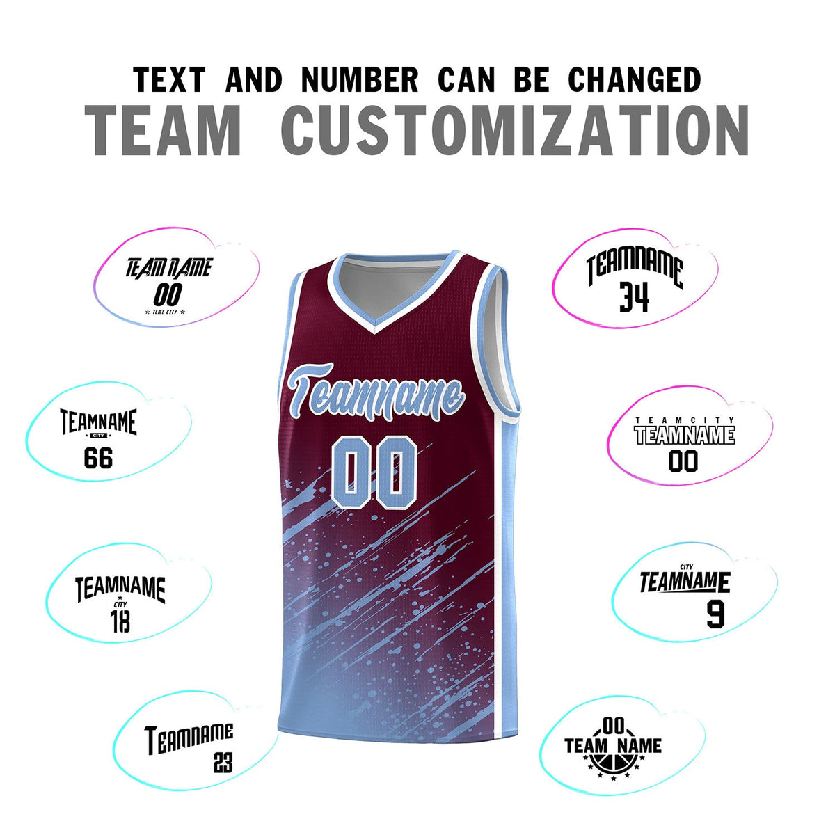 Custom Crimson Basketball Kits With Light Blue Paint Graffiti
