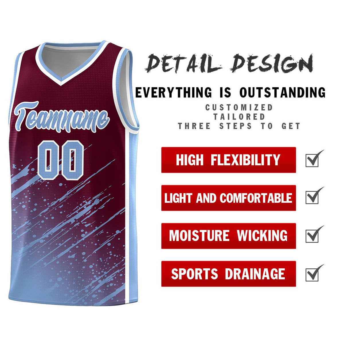 Custom Crimson Basketball Kits With Light Blue Paint Graffiti