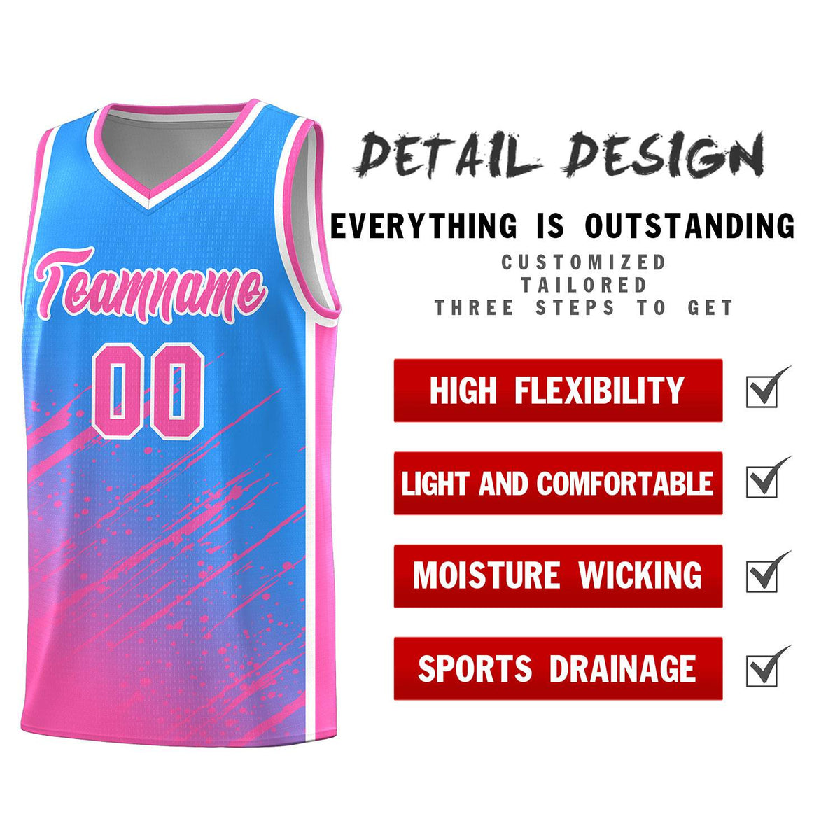 Custom Powder Blue Basketball Kits With Pink Paint Graffiti