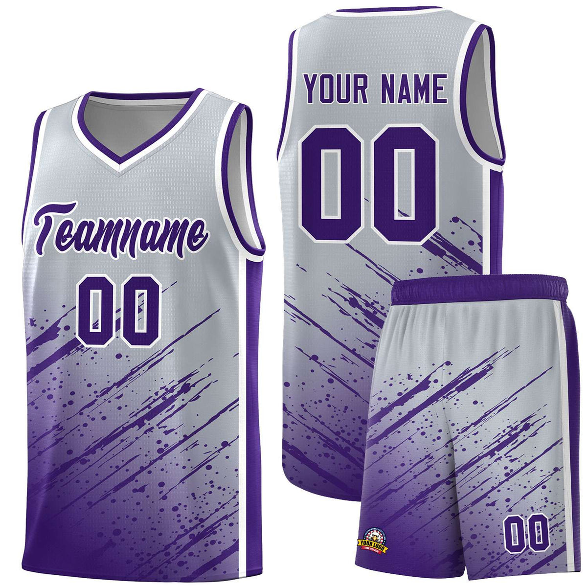 Custom Gray Basketball Kits With Purple Paint Graffiti