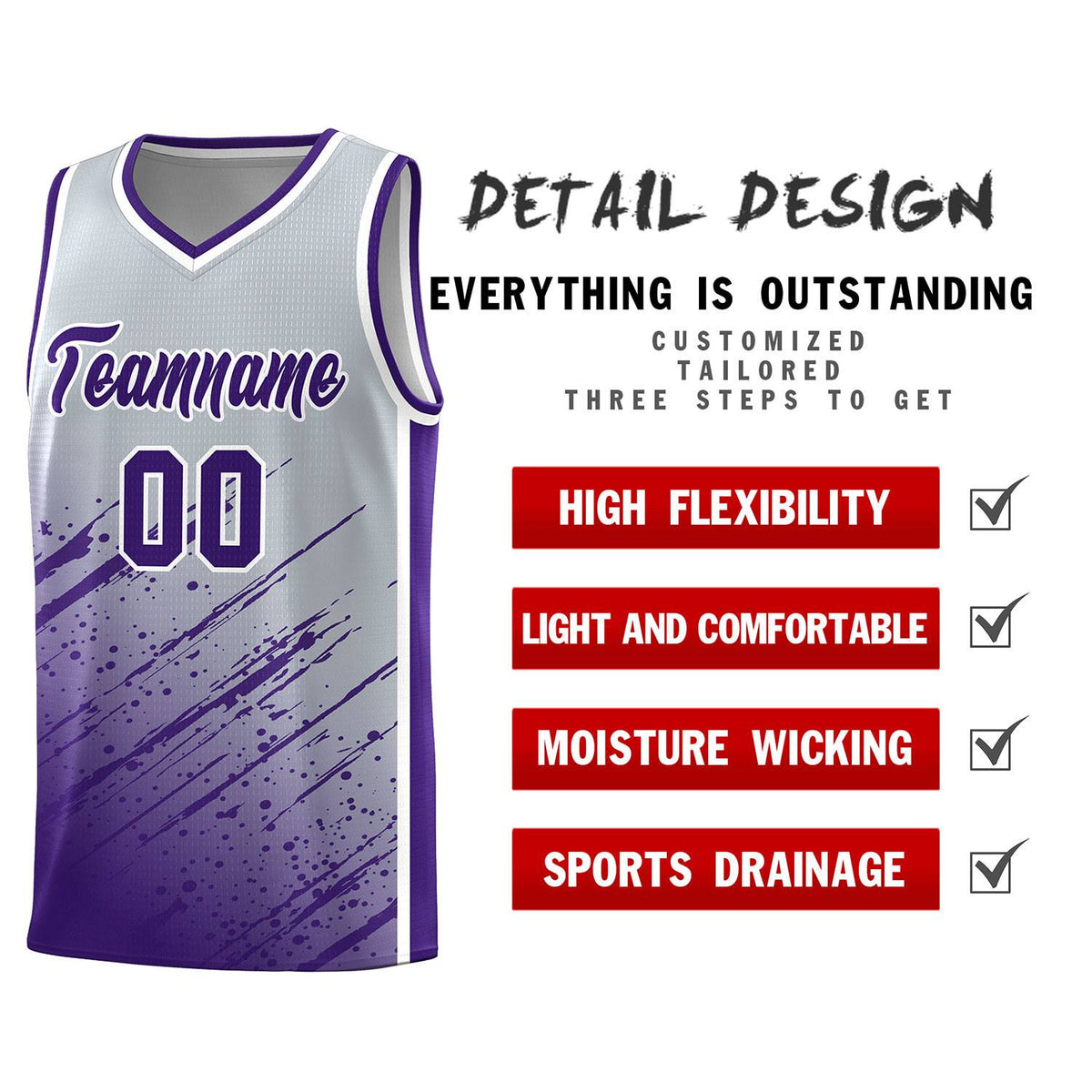 Custom Gray Basketball Kits With Purple Paint Graffiti