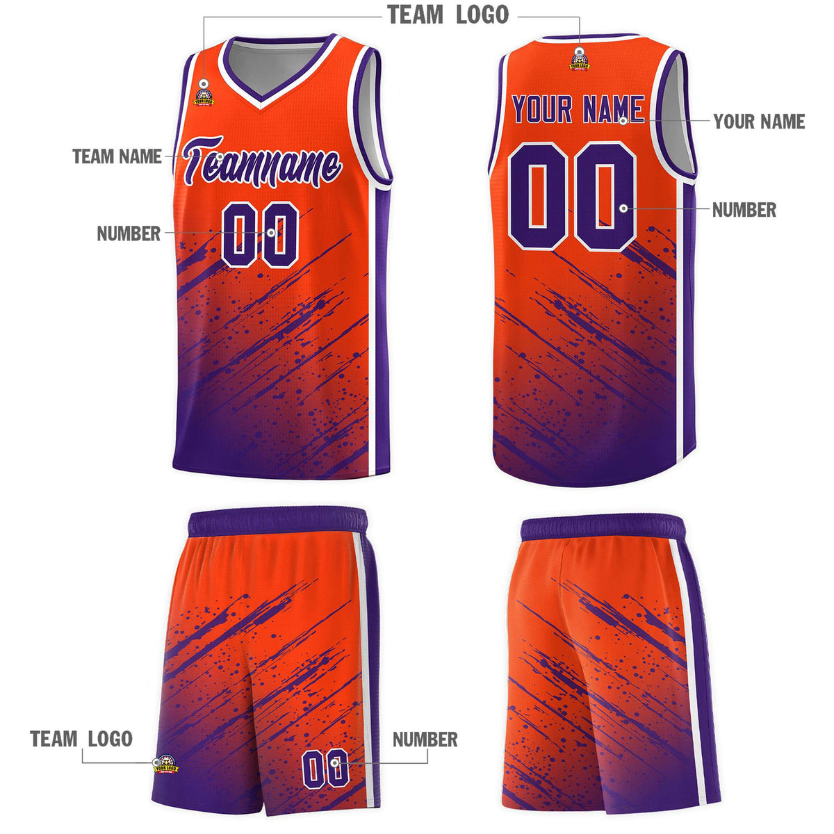 Custom Orange Basketball Kits With Purple Paint Graffiti