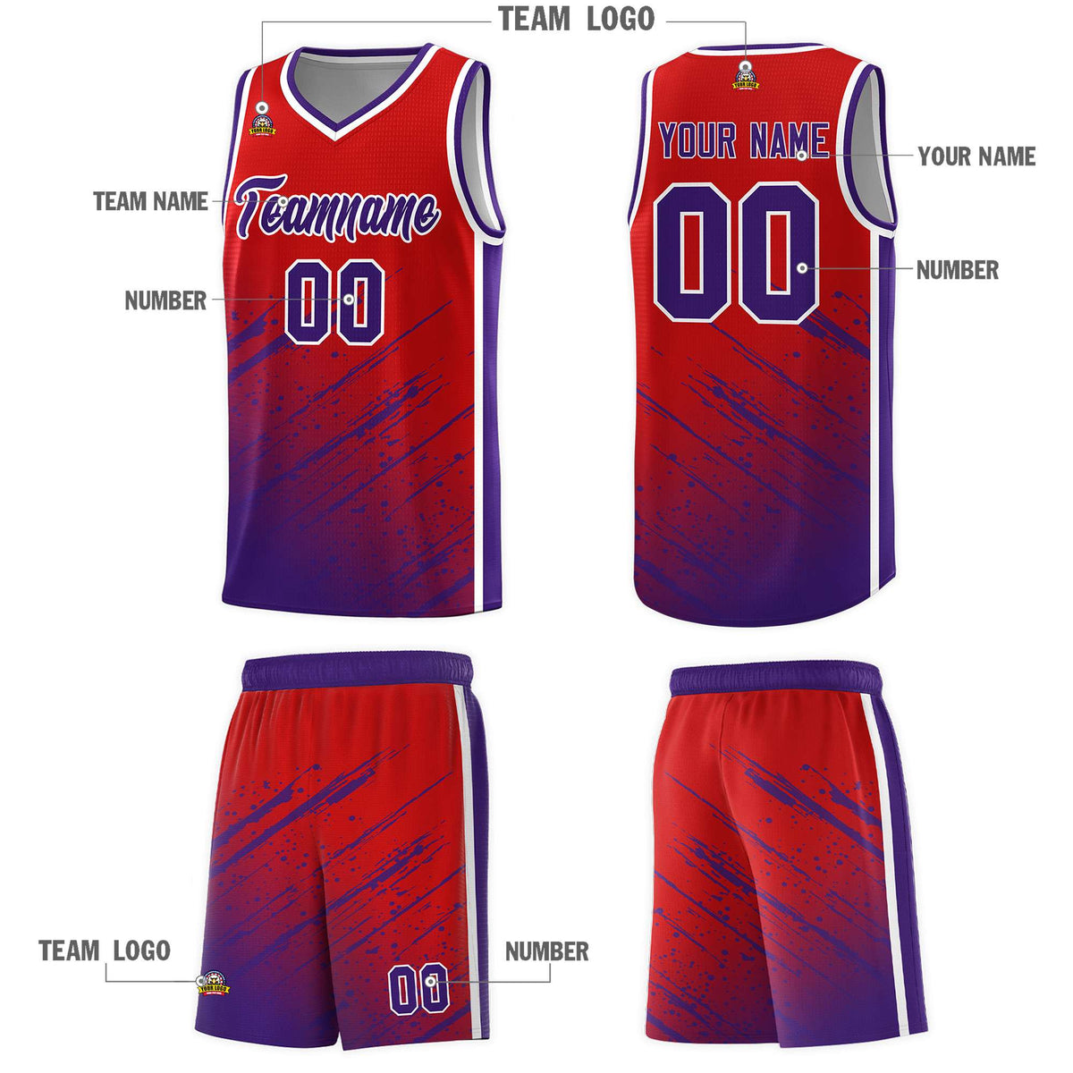Custom Red Basketball Kits With Purple Paint Graffiti