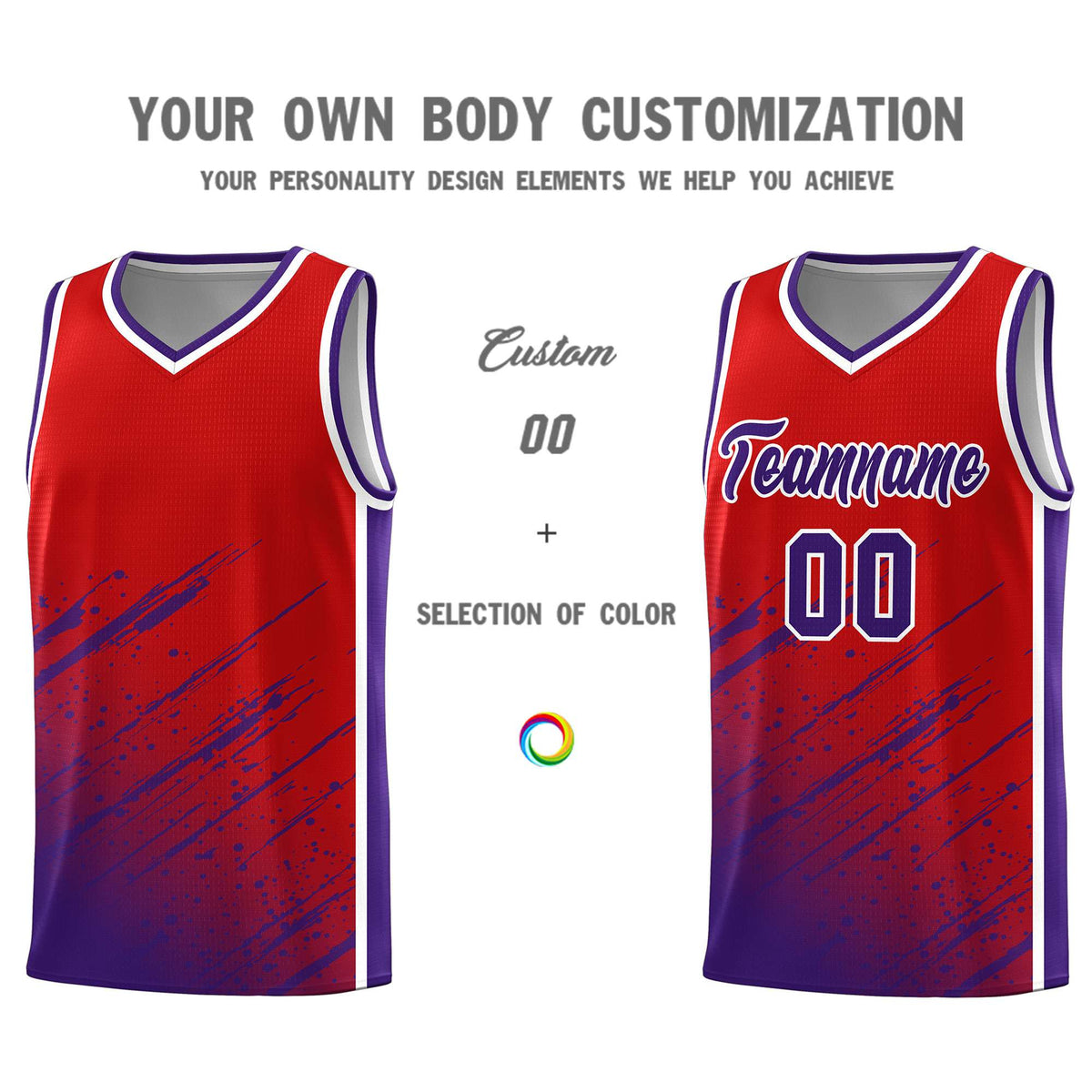 Custom Red Basketball Kits With Purple Paint Graffiti