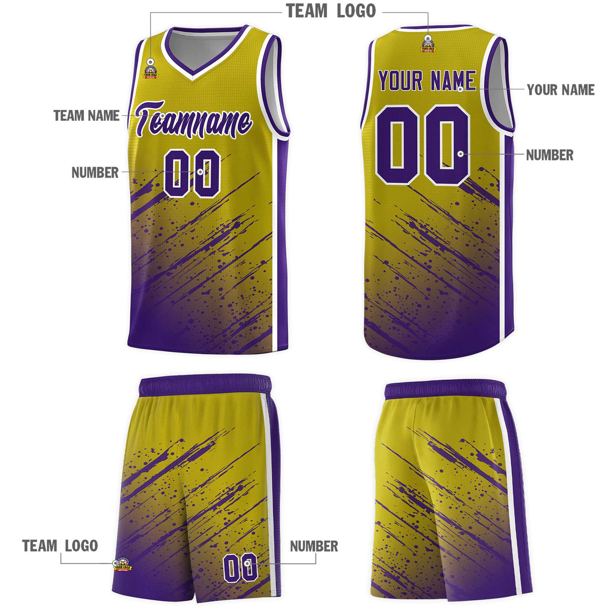 Custom Old Gold Basketball Kits With Purple Paint Graffiti