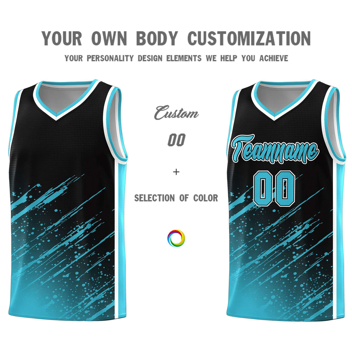 Custom Black Basketball Kits With Sky Blue Paint Graffiti