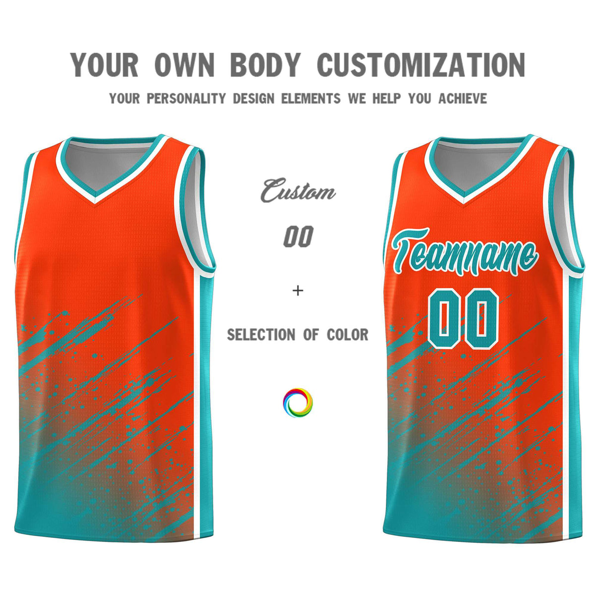 Custom Orange Basketball Kits With Aqua Paint Graffiti