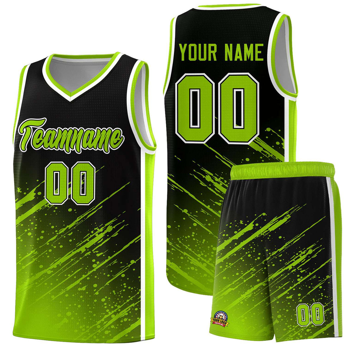 Custom Black Basketball Kits With Neon Green Paint Graffiti