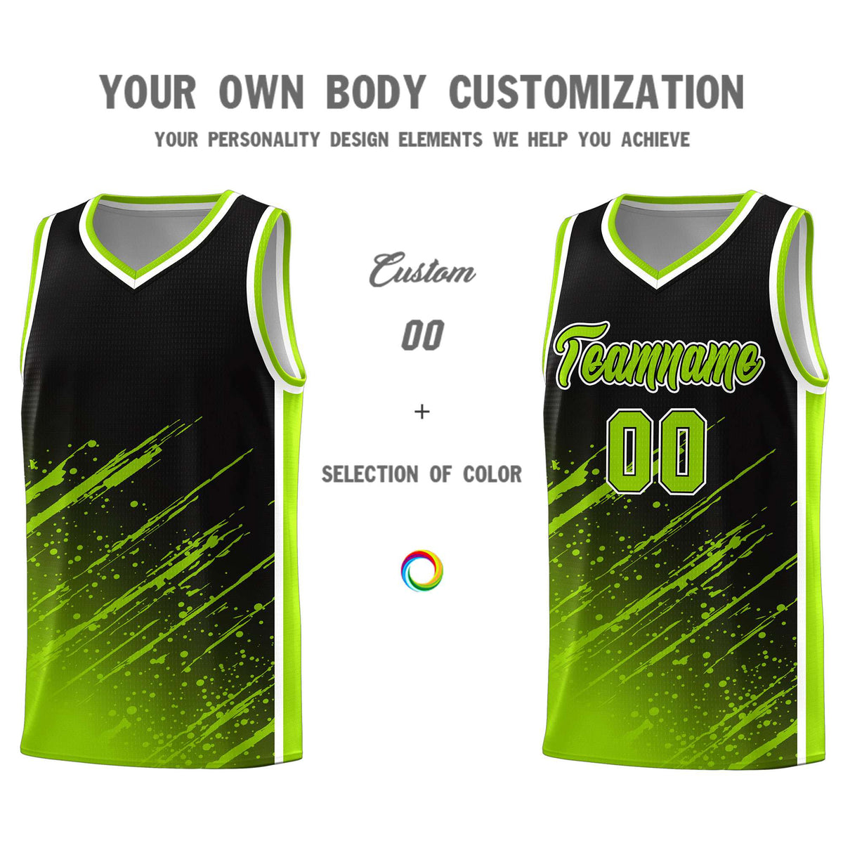 Custom Black Basketball Kits With Neon Green Paint Graffiti