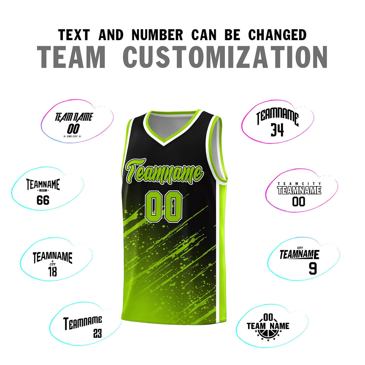 Custom Black Basketball Kits With Neon Green Paint Graffiti