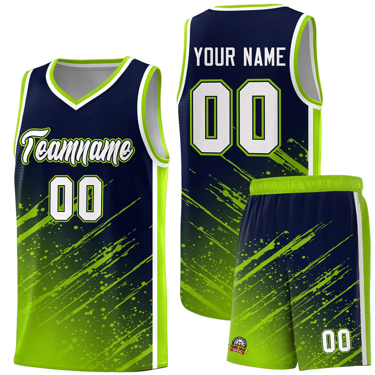 Custom Navy Basketball Kits With Neon Green Paint Graffiti