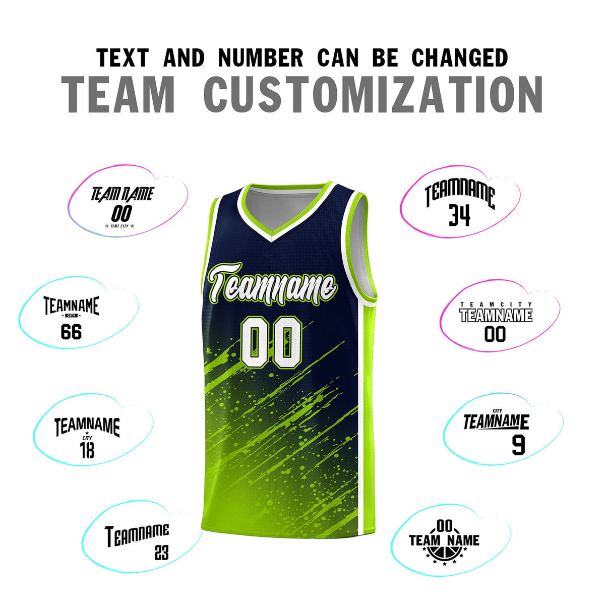Custom Navy Basketball Kits With Neon Green Paint Graffiti